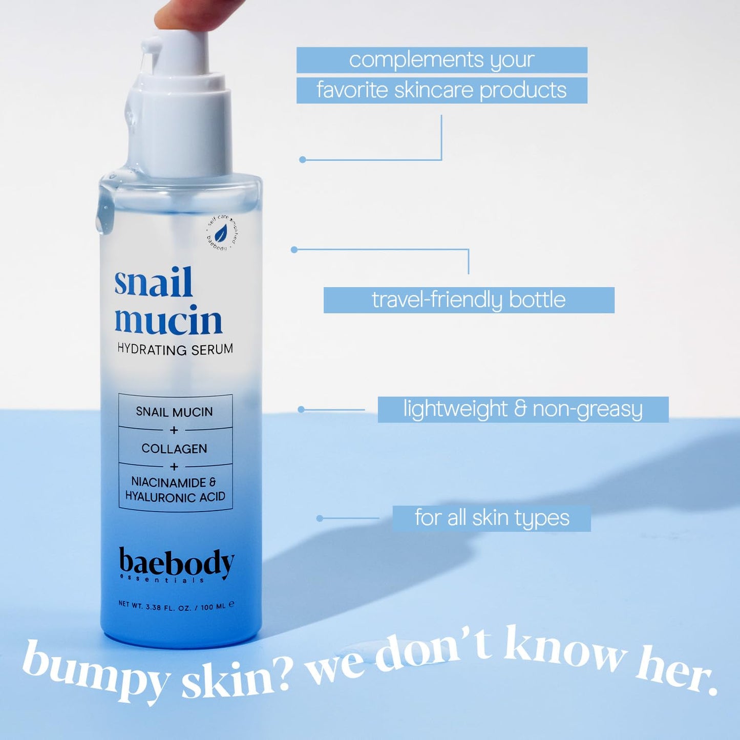 Baebody - Snail Mucin Serum Moisturizer 3.38 fl.oz 100ml, Hydrating Serum for Face with Collagen - Snail Mucin Moisturizer for Youthful Smooth Skin