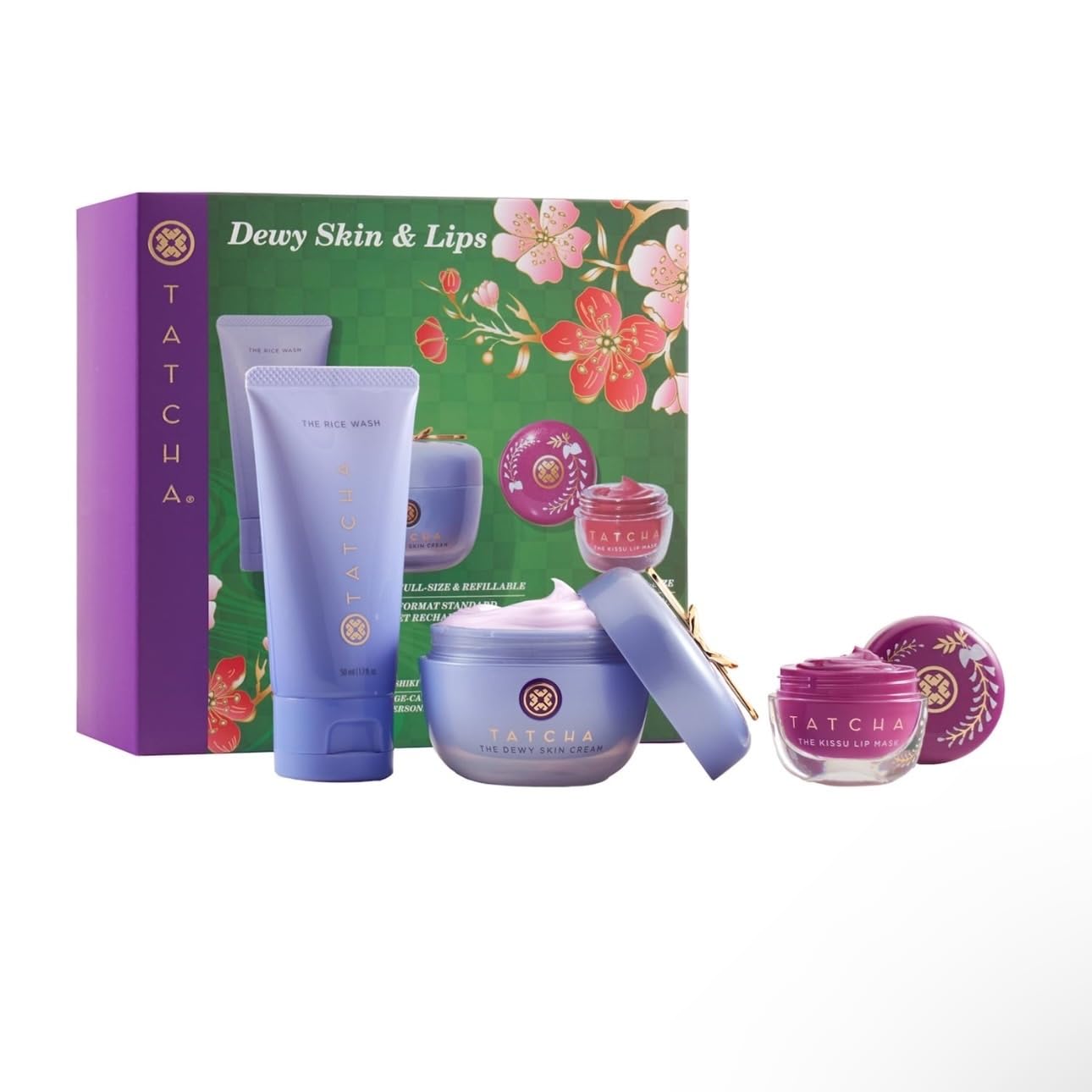 TATCHA - Dewy Skin & Lips Hydrating Ritual Set, Travel Rice Wash, Full Size Dewy Skin Cream, Wisteria Lip Mask ($119 Value)