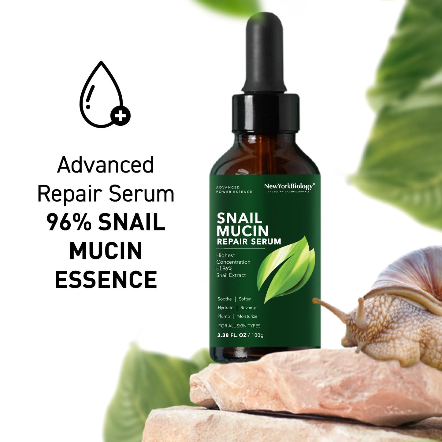 New York Biology - 96% Korean Snail Mucin Serum for Face 3.38 Fl. oz 100 ml – Facial Skin Care Snail Mucin Moisturizer for Dry, Dull Skin and Wrinkles – Skin Care Hydrating Face Serum
