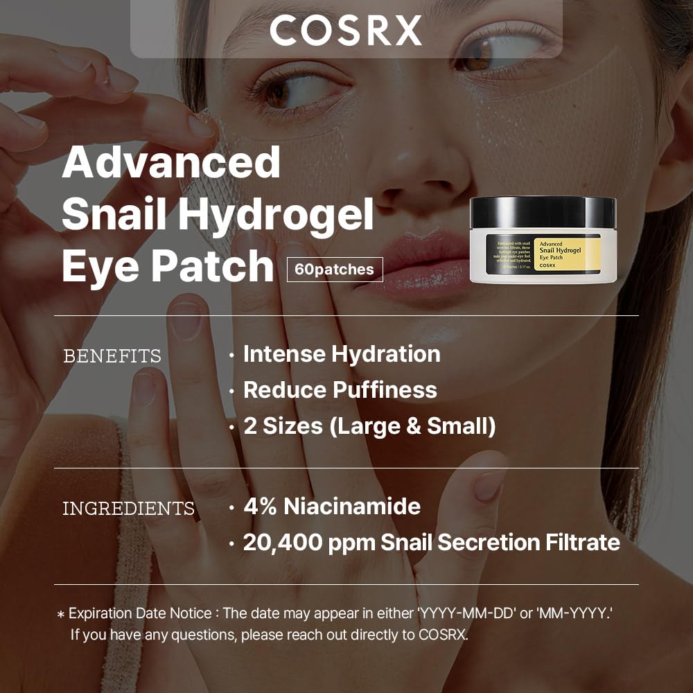 COSRX - Advanced Snail Hydrogel Eye Patch (60pc), Gel Serum Mask, Puffy Undereye Treament, Fine Lines, Refresh, Hydrate| Paraben free, Korean Skin Care