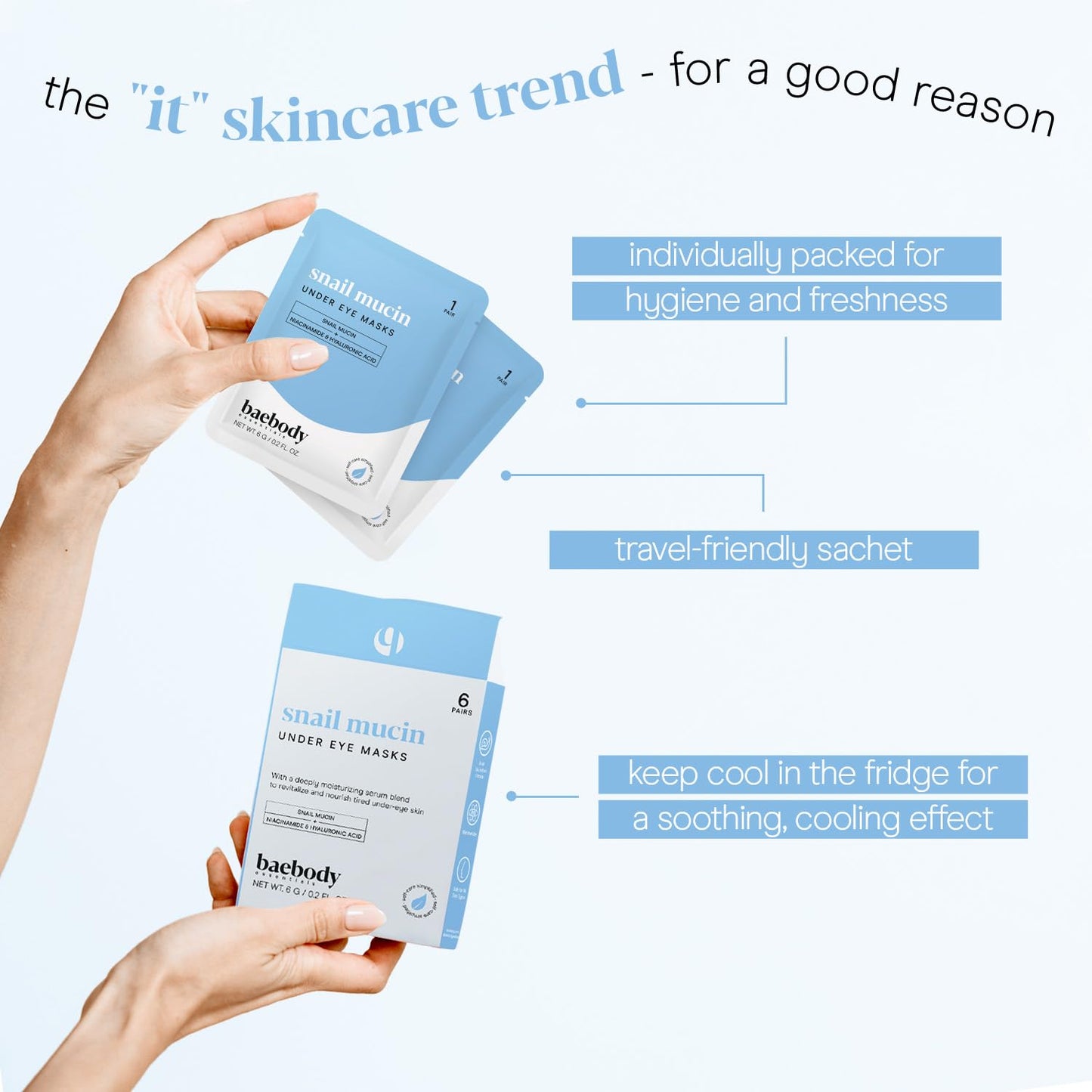 Baebody - Advanced Snail Mucin Under Eye Patches for Women & Men (6 Pairs) - Under Eye Masks for Dark Circles and Puffiness - With Niacinamide - Reduce Fine Lines and Wrinkles