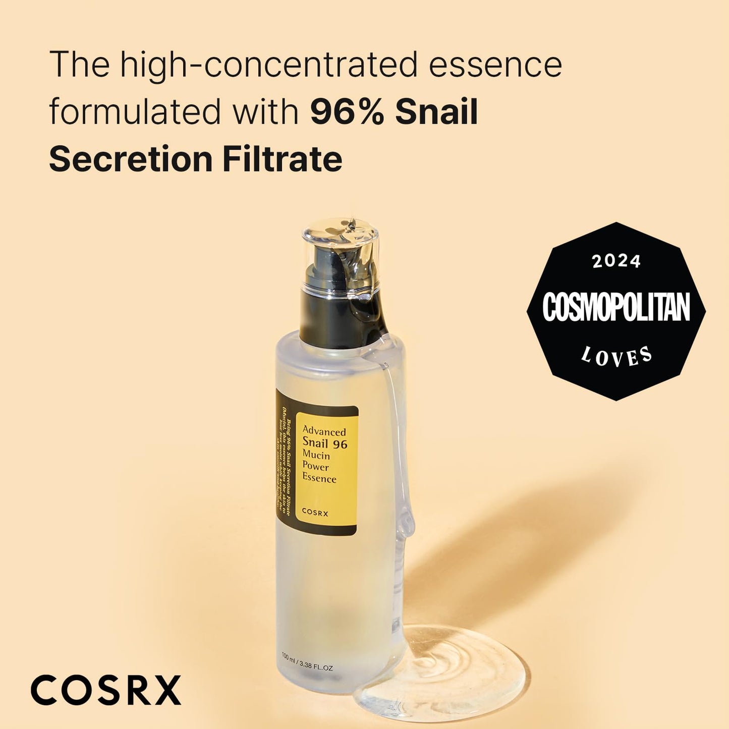 COSRX - Snail Mucin 96% Power Repairing Essence 3.38 fl.oz 100ml, Hydrating Serum for Face with Snail Secretion Filtrate for Dull Skin & Fine Lines, Korean Skin Care