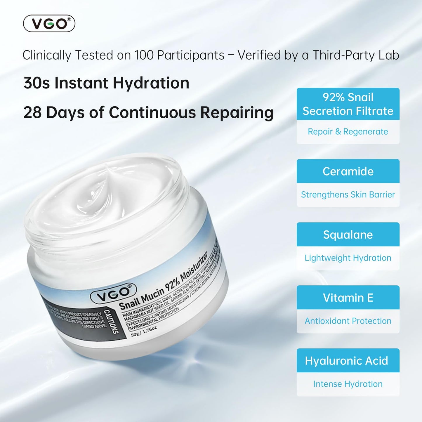 VGO - Snail Mucin 92% Moisturizer Daily Face Moisturizer Hydrating Repair Face Gel Cream for Dry & Sensitive Skin, All Skin Types 50g / 1.76oz