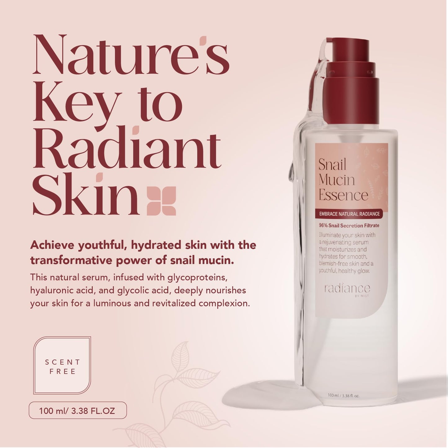 Radiance - Snail Mucin Serum with Advanced Snail 96% Mucin Power Essence, Korean Skin Care with Hydrating Hyalauronic Acid Korean Serum, 3.38 fl oz, 100ml