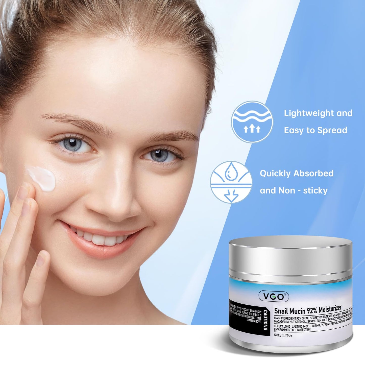 VGO - Snail Mucin 92% Moisturizer Daily Face Moisturizer Hydrating Repair Face Gel Cream for Dry & Sensitive Skin, All Skin Types 50g / 1.76oz