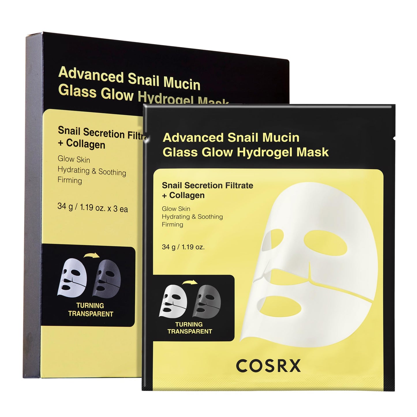 COSRX - Advanced Snail Mucin Glass Glow Hydrogel Face Masks Skincare 3 EA, Collagen Face Mask, Travel Essentials, Overnight Face Mask, Korean Skin Care