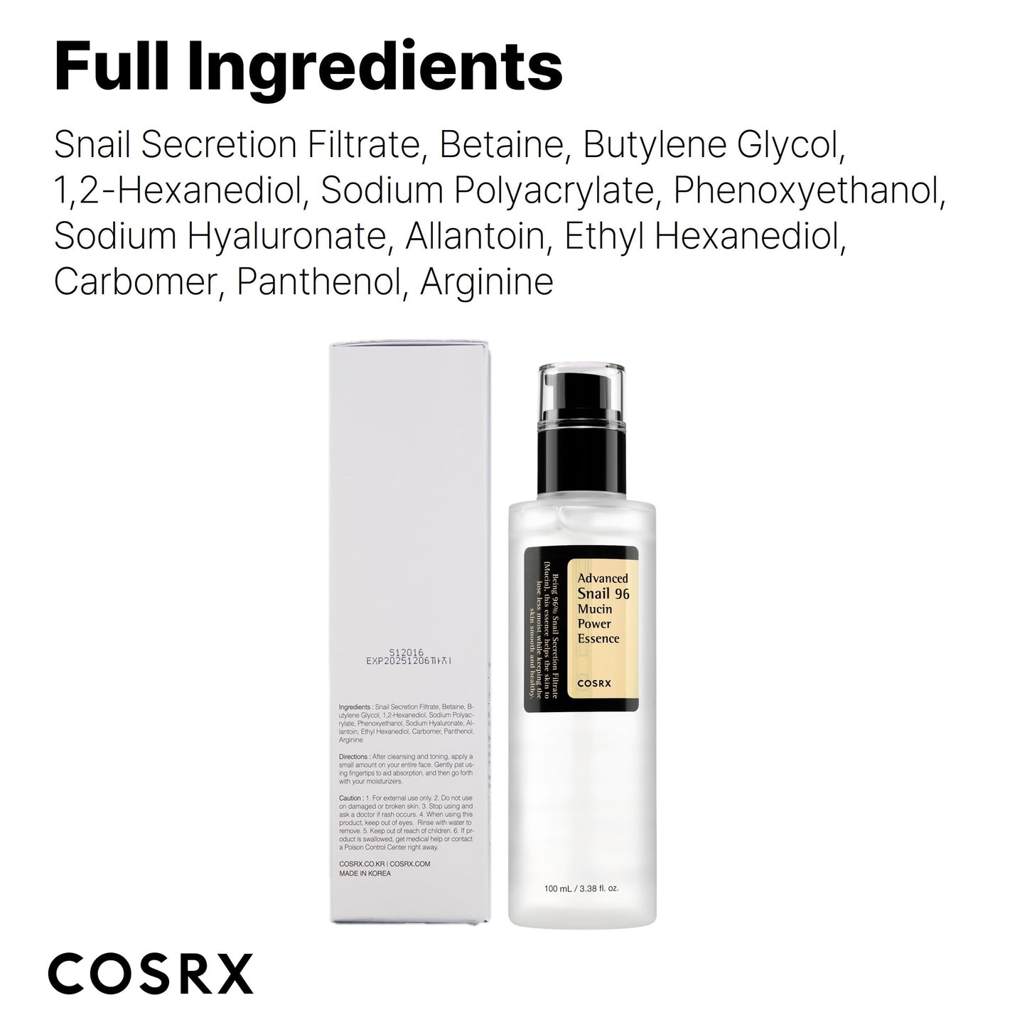 COSRX - Snail Mucin 96% Power Repairing Essence 3.38 fl.oz 100ml, Hydrating Serum for Face with Snail Secretion Filtrate for Dull Skin & Fine Lines, Korean Skin Care