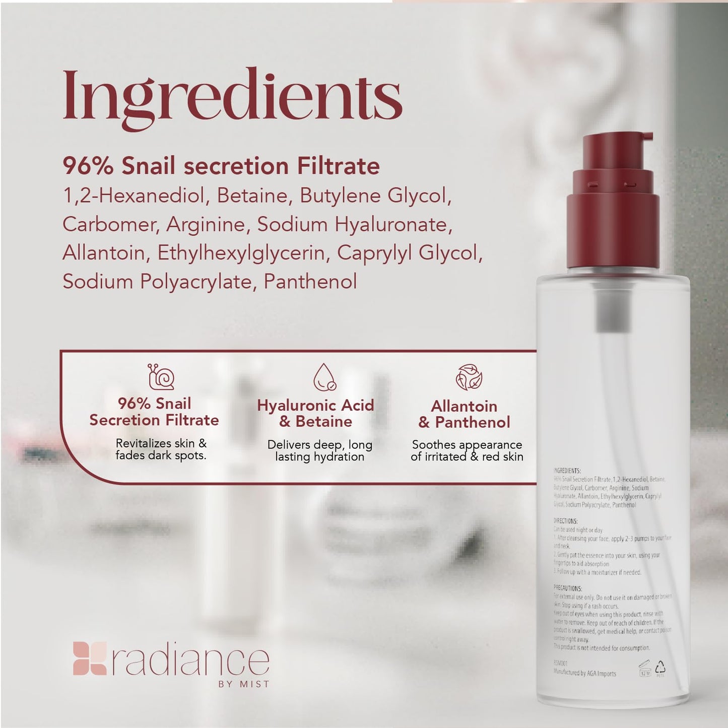 Radiance - Snail Mucin Serum with Advanced Snail 96% Mucin Power Essence, Korean Skin Care with Hydrating Hyalauronic Acid Korean Serum, 3.38 fl oz, 100ml