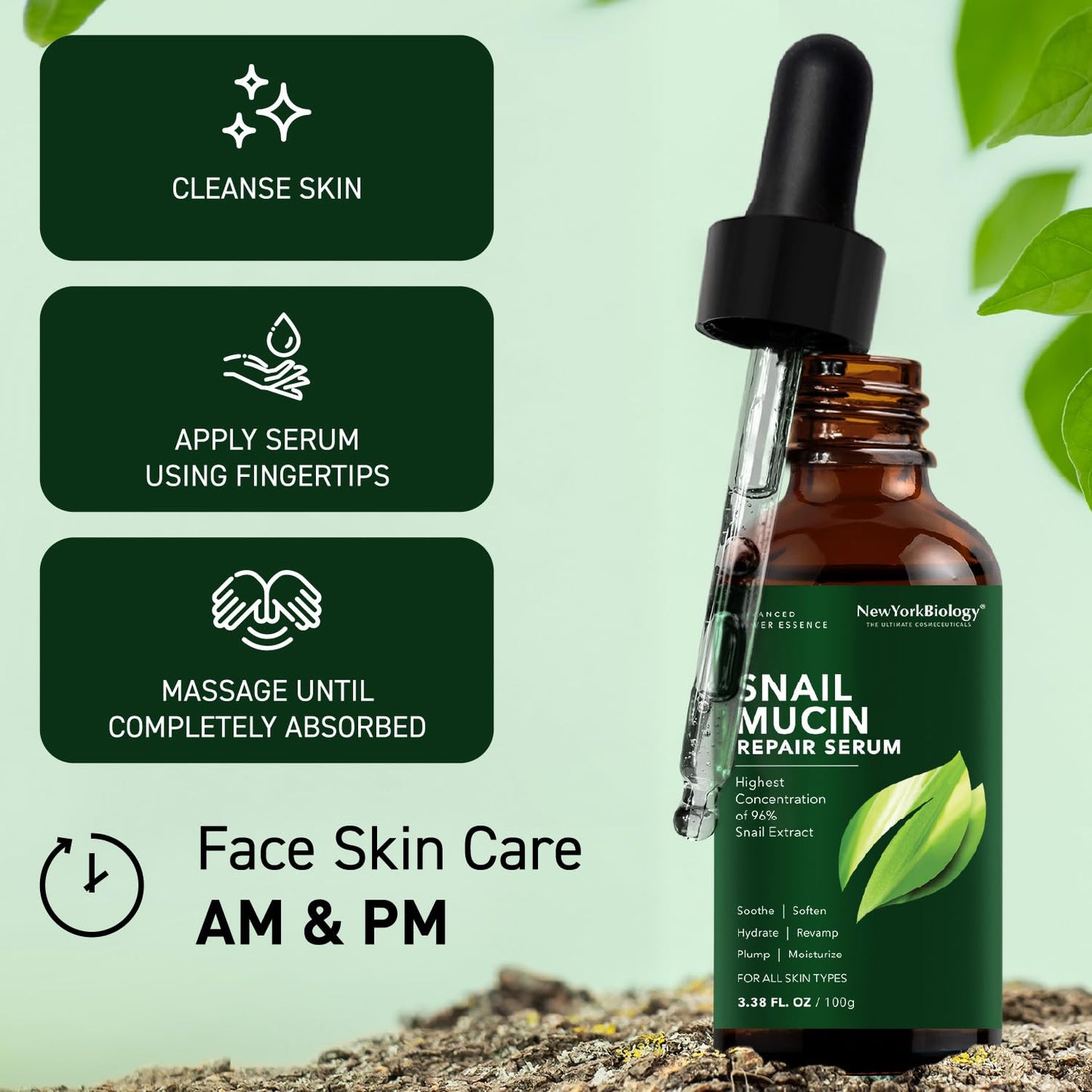 New York Biology - 96% Korean Snail Mucin Serum for Face 3.38 Fl. oz 100 ml – Facial Skin Care Snail Mucin Moisturizer for Dry, Dull Skin and Wrinkles – Skin Care Hydrating Face Serum