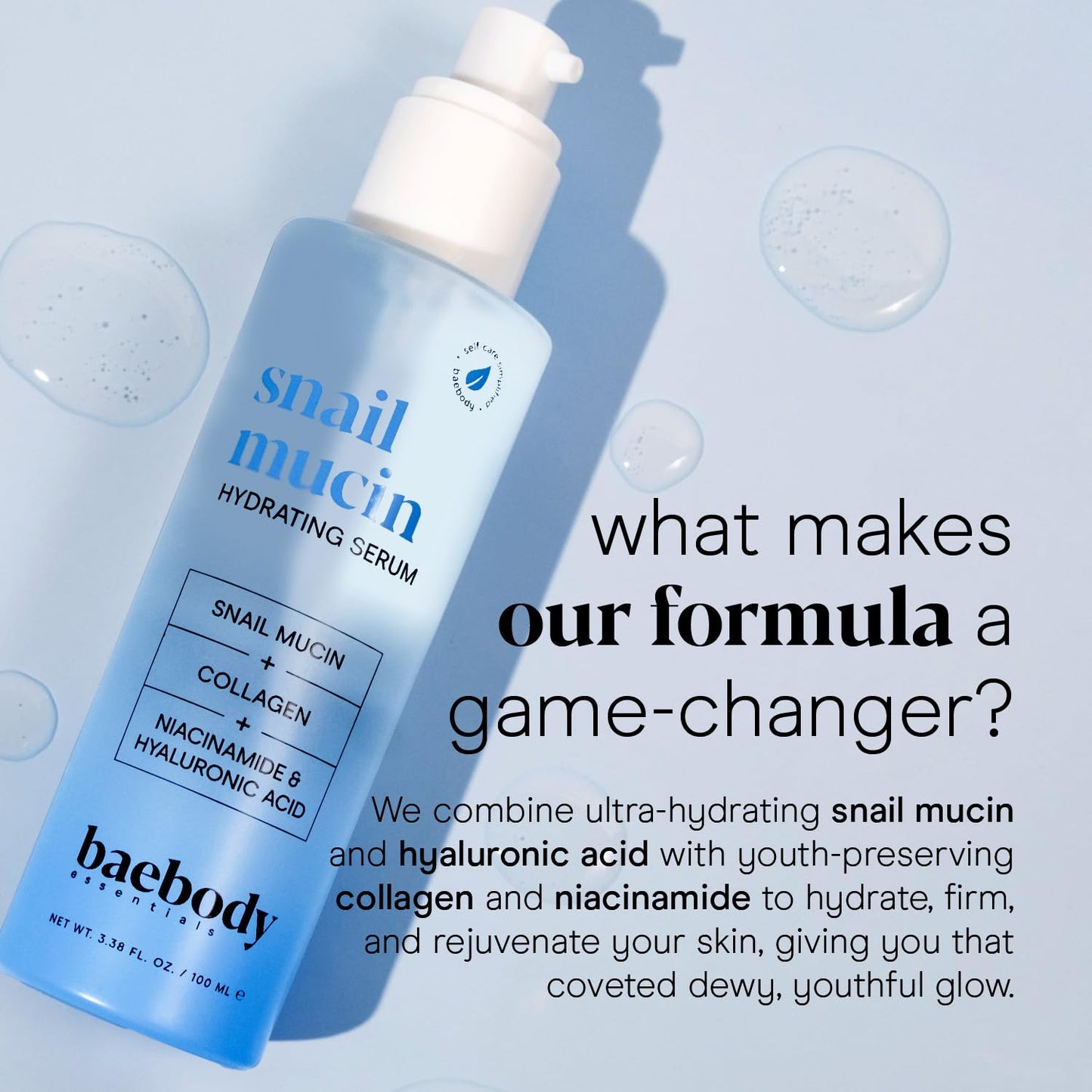 Baebody - Snail Mucin Serum Moisturizer 3.38 fl.oz 100ml, Hydrating Serum for Face with Collagen - Snail Mucin Moisturizer for Youthful Smooth Skin