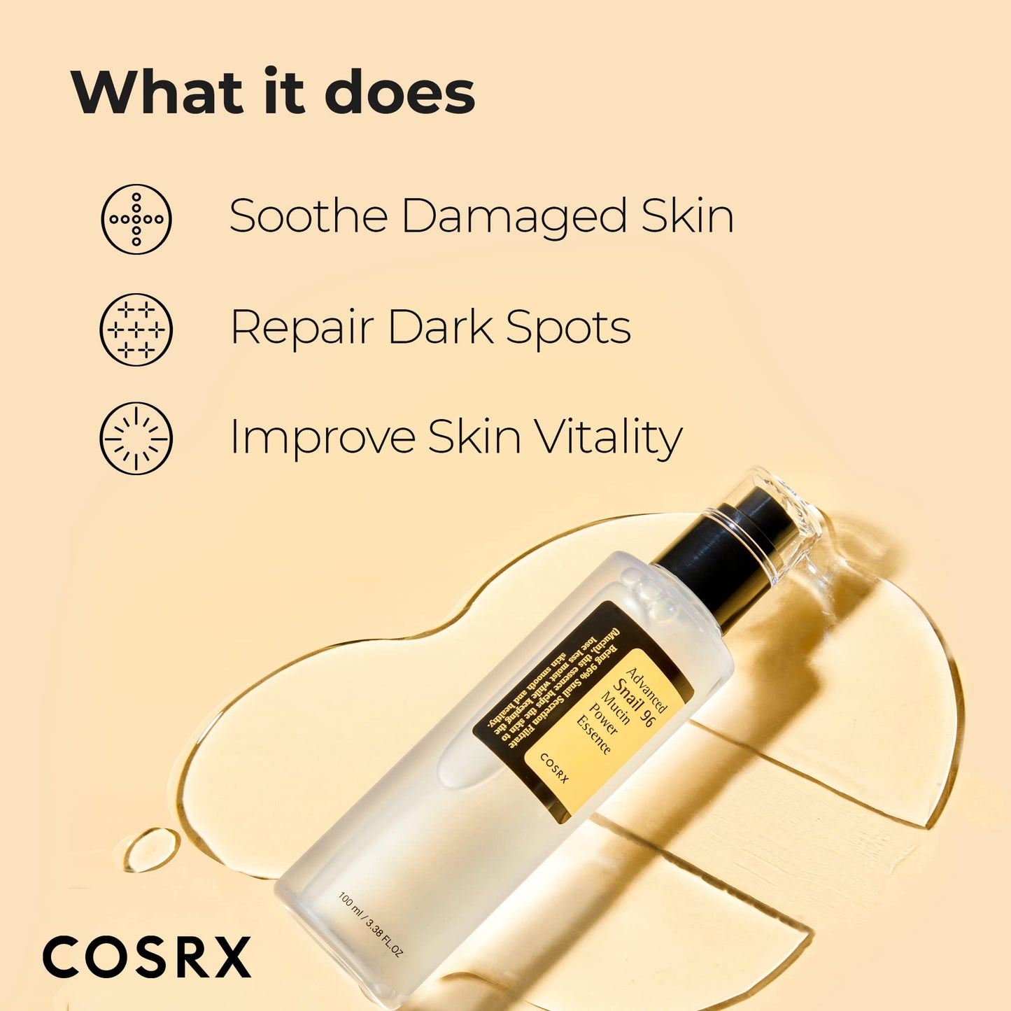 COSRX - Snail Mucin 96% Power Repairing Essence 3.38 fl.oz 100ml, Hydrating Serum for Face with Snail Secretion Filtrate for Dull Skin & Fine Lines, Korean Skin Care