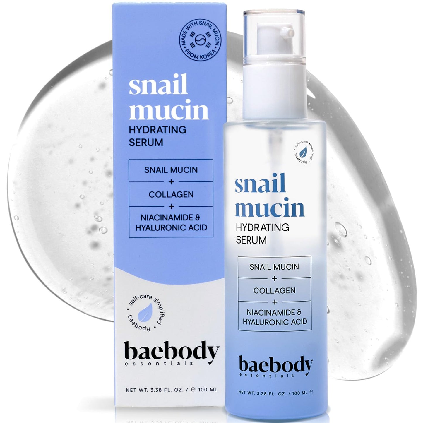 Baebody - Snail Mucin Serum Moisturizer 3.38 fl.oz 100ml, Hydrating Serum for Face with Collagen - Snail Mucin Moisturizer for Youthful Smooth Skin