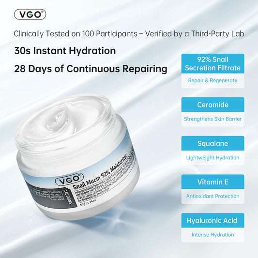 VGO - Snail Mucin 92% Moisturizer Daily Face Moisturizer Hydrating Repair Face Gel Cream for Dry & Sensitive Skin, All Skin Types 50g / 1.76oz