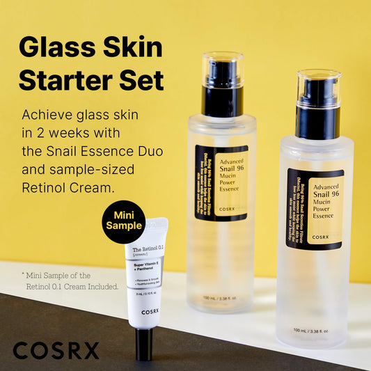 COSRX Glass Skin Starter Set + Hydrogel Mask 3EA- Snail 96% Essence Duo and Glass Glow Hydrogel Collagen Face Mask, Travel Essentials, Stocking Stuffers, Korean Skin Care