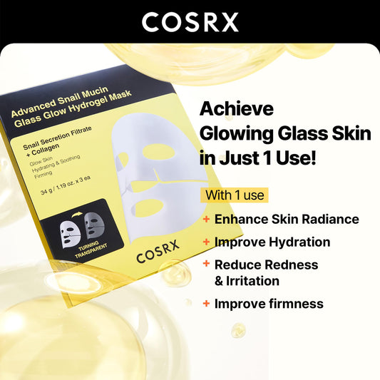 COSRX - Advanced Snail Mucin Glass Glow Hydrogel Face Masks Skincare 3 EA, Collagen Face Mask, Travel Essentials, Overnight Face Mask, Korean Skin Care