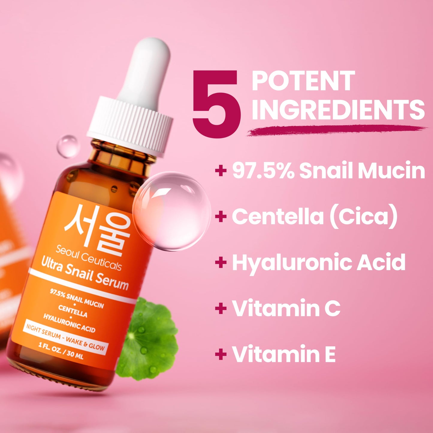 SeoulCeuticals - Korean Skin Care 97.5% Snail Mucin Serum – K Beauty Skincare Night Serum Hyaluronic Acid for Face - Centella Anti Wrinkle Serum 1oz